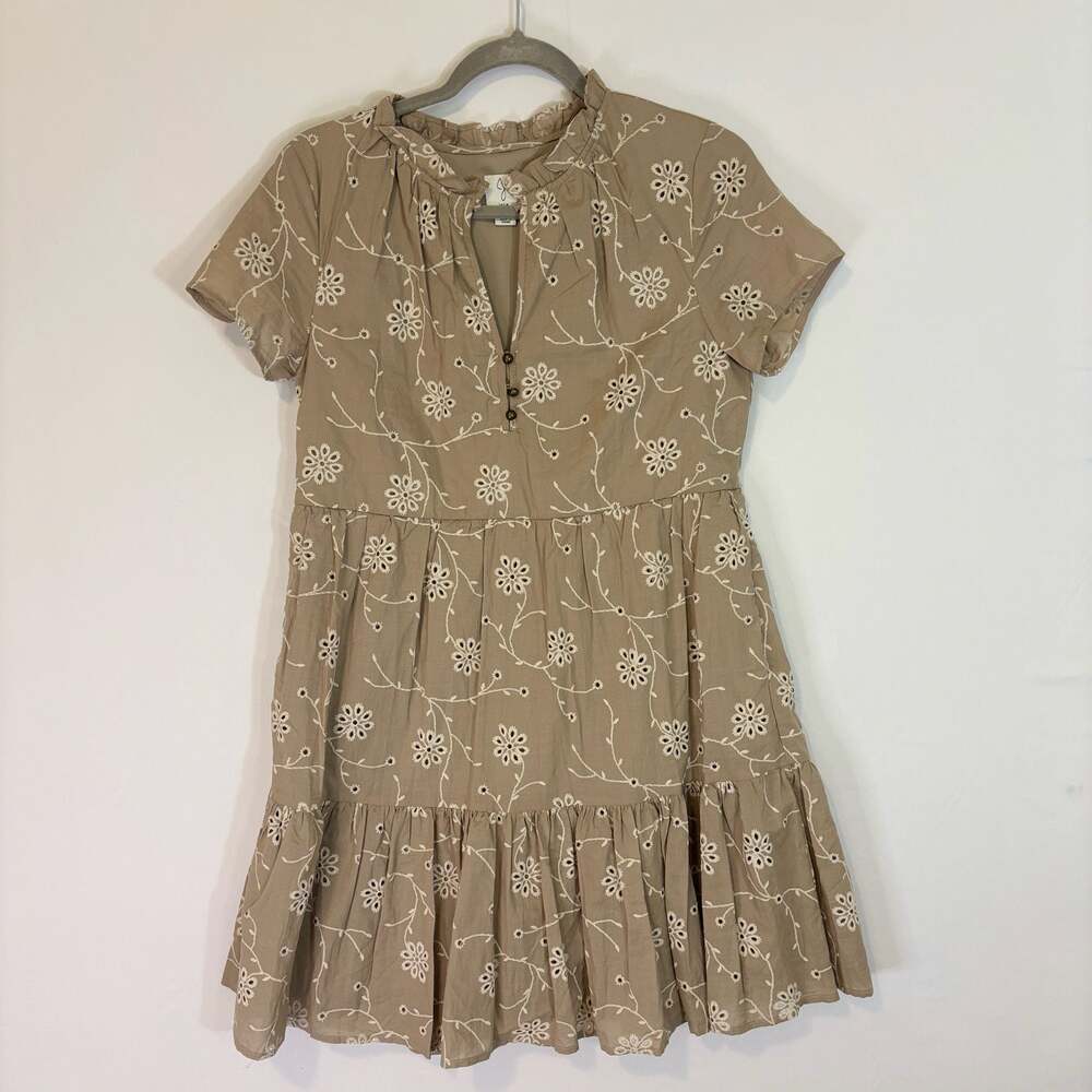 Joie‎ olive green Embroidered Floral Eyelet Tiered Mini Dress Size S